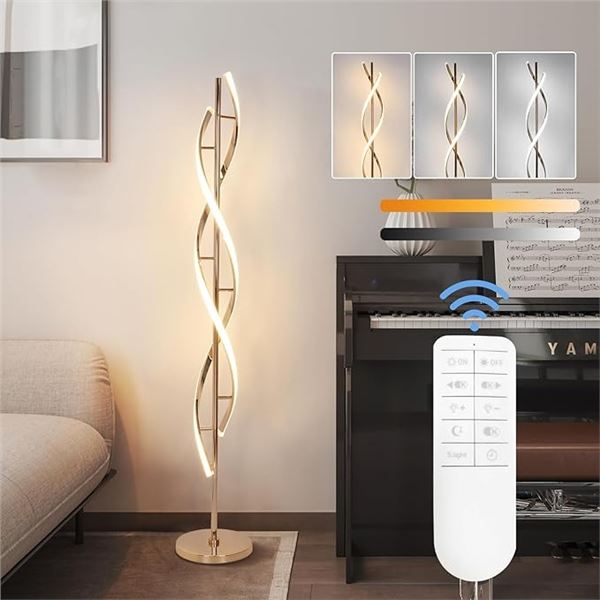 1 Adisun 40W LED Abstract/Spiral Floor Lamp with Remote Control - Gold; 60" Size - New in Box!