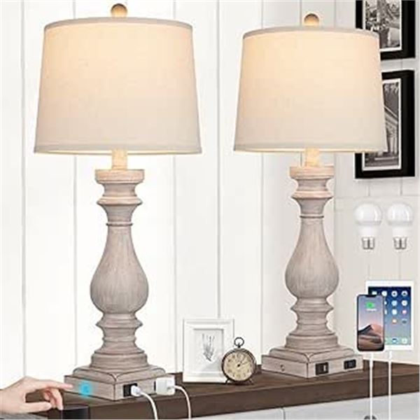 Box of 2 Bedside Table Lamps w/ USB Charge Port Bases; 29" Tall Dimmable; Vintage Design - NEW