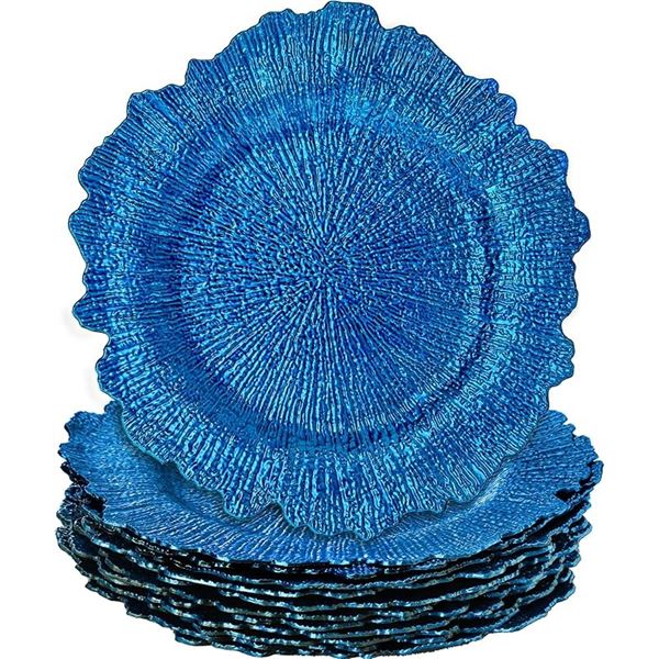 12-Pack of Blue Plastic Round Ruffled Trim Dinner Plates - 13" Size - New in Box
