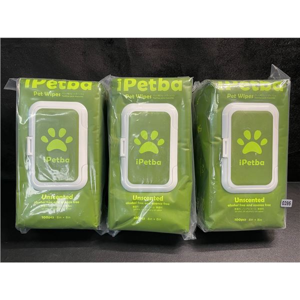 3 Packs of iPetBa Unscented Hypoallergenic Pet Wipes - 100pcs Per Pack - 8" x 8" Size - New