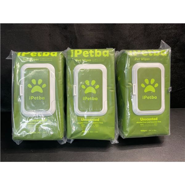 3 Packs of iPetBa Unscented Hypoallergenic Pet Wipes - 100pcs Per Pack - 8" x 8" Size - New