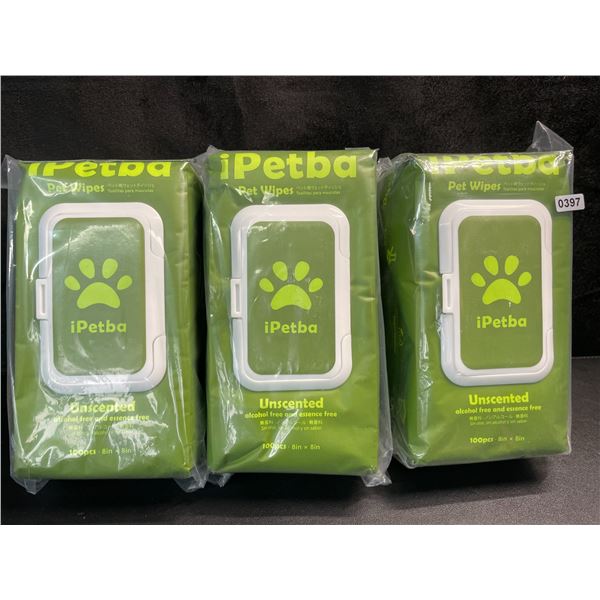 3 Packs of iPetBa Unscented Hypoallergenic Pet Wipes - 100pcs Per Pack - 8" x 8" Size - New