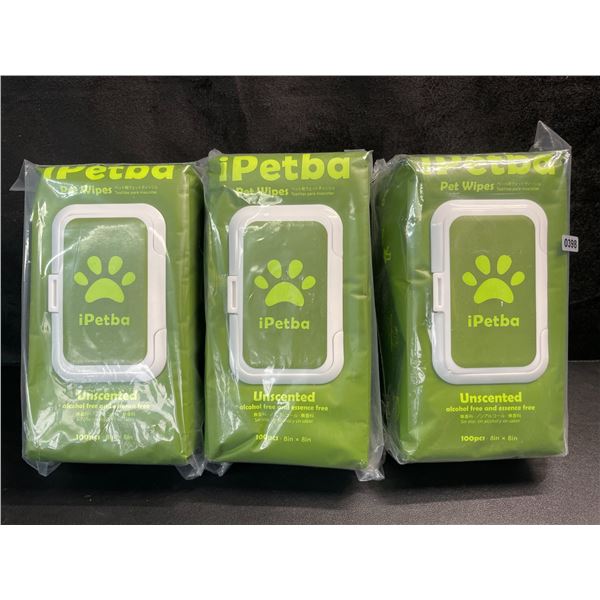 3 Packs of iPetBa Unscented Hypoallergenic Pet Wipes - 100pcs Per Pack - 8" x 8" Size - New