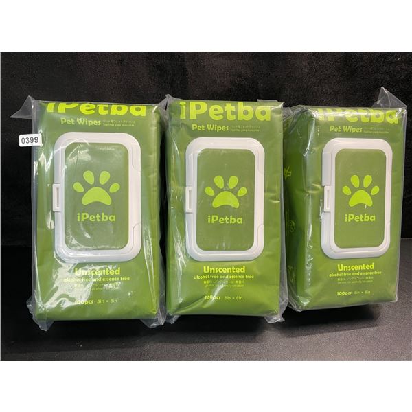 3 Packs of iPetBa Unscented Hypoallergenic Pet Wipes - 100pcs Per Pack - 8" x 8" Size - New
