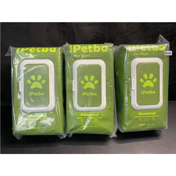 3 Packs of iPetBa Unscented Hypoallergenic Pet Wipes - 100pcs Per Pack - 8" x 8" Size - New