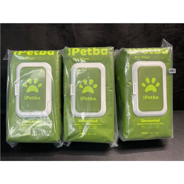 3 Packs of iPetBa Unscented Hypoallergenic Pet Wipes - 100pcs Per Pack - 8" x 8" Size - New