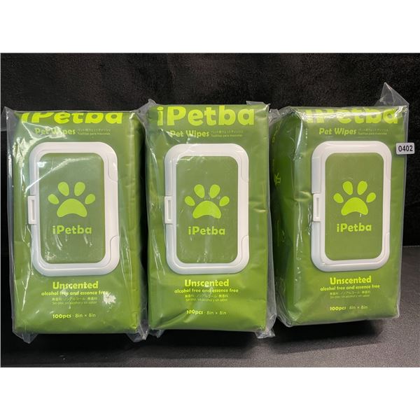 3 Packs of iPetBa Unscented Hypoallergenic Pet Wipes - 100pcs Per Pack - 8" x 8" Size - New