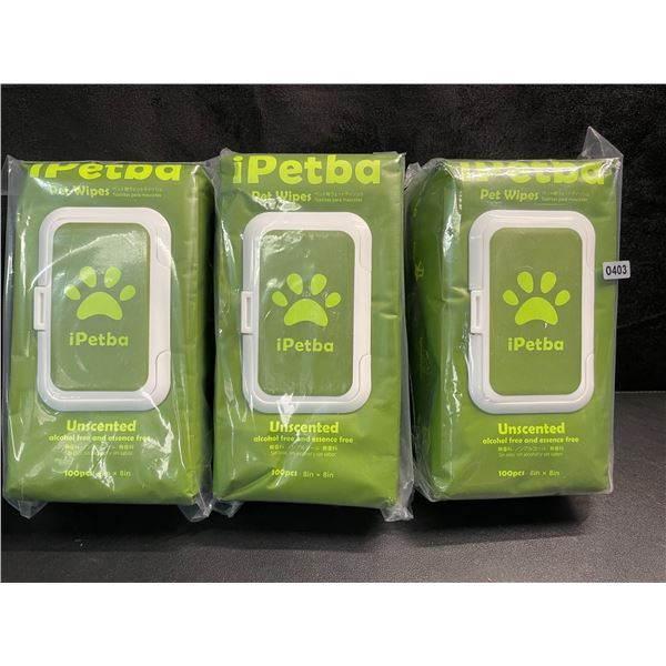 3 Packs of iPetBa Unscented Hypoallergenic Pet Wipes - 100pcs Per Pack - 8" x 8" Size - New