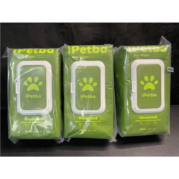 3 Packs of iPetBa Unscented Hypoallergenic Pet Wipes - 100pcs Per Pack - 8" x 8" Size - New