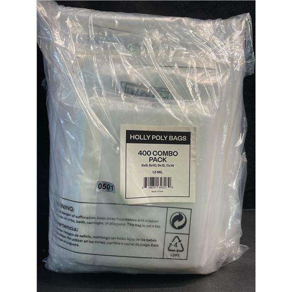 1 Combo Pack of Industrial Strong Clear Poly Bags - Assorted Sizes - 400PCS Included - Brand New