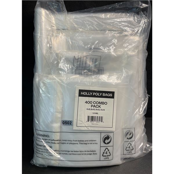 1 Combo Pack of Industrial Strong Clear Poly Bags - Assorted Sizes - 400PCS Included - Brand New