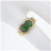 Image 3 : Vintage Petite 14K Yellow Gold Cabochon Green Jade & Diamond Grooved Band Ring