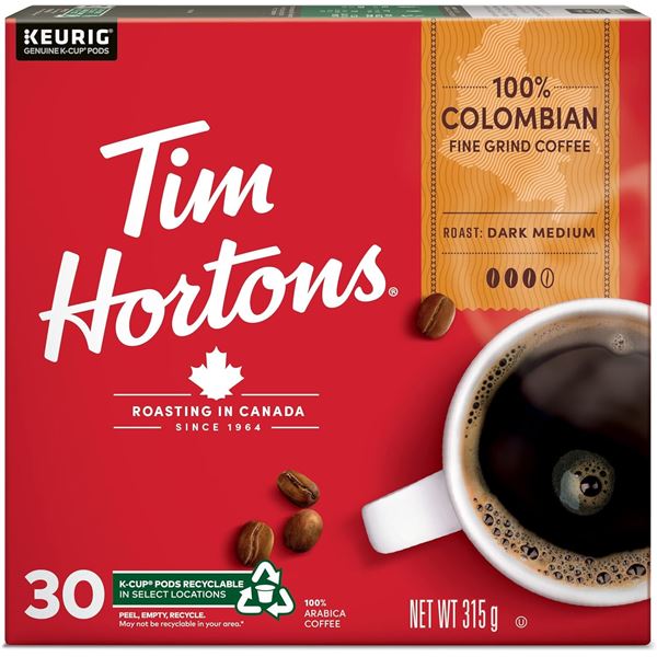 NEW TIM HORTONS COLOMBIAN DARK-MED K PODS - 30