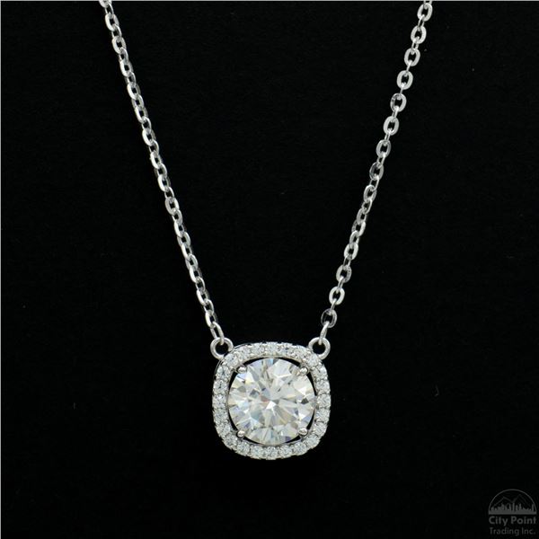 Necklace with Pendant, 1 Carat Round Cut Moissanite, Platinum-Plated Sterling Silver