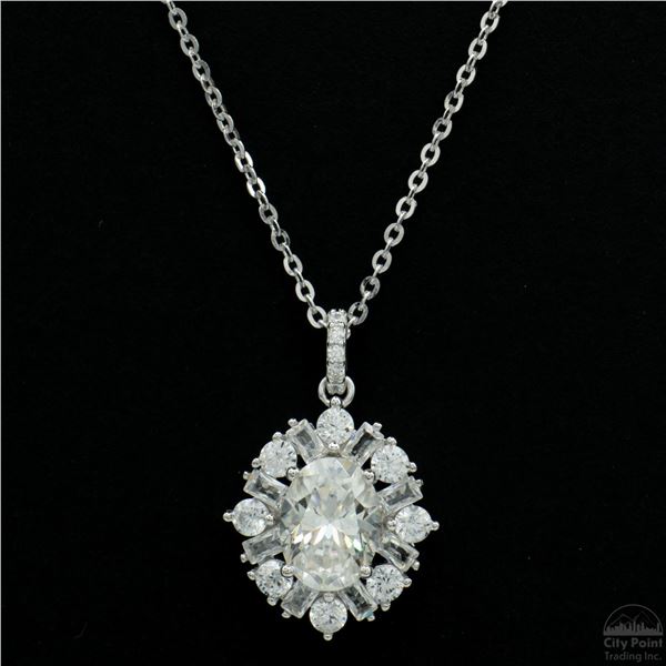 Necklace with Pendant, 1 Carat Oval Cut Moissanite, Platinum-Plated Sterling Silver