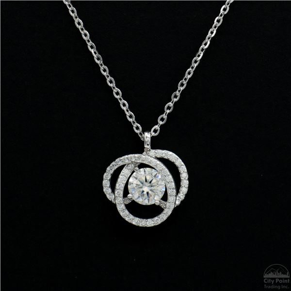 Necklace with Pendant, 0.5 Carat Round Cut Moissanite, Platinum-Plated Sterling Silver