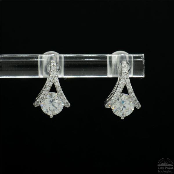 Earrings, 0.4 Carat Round Cut Moissanite, Platinum-Plated Sterling Silver