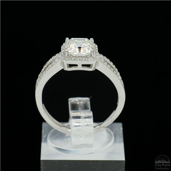 Adjustable/Resizable Sterling Silver Ring, 1.5 Carat Asscher Cut Moissanite, Platinum-Plated