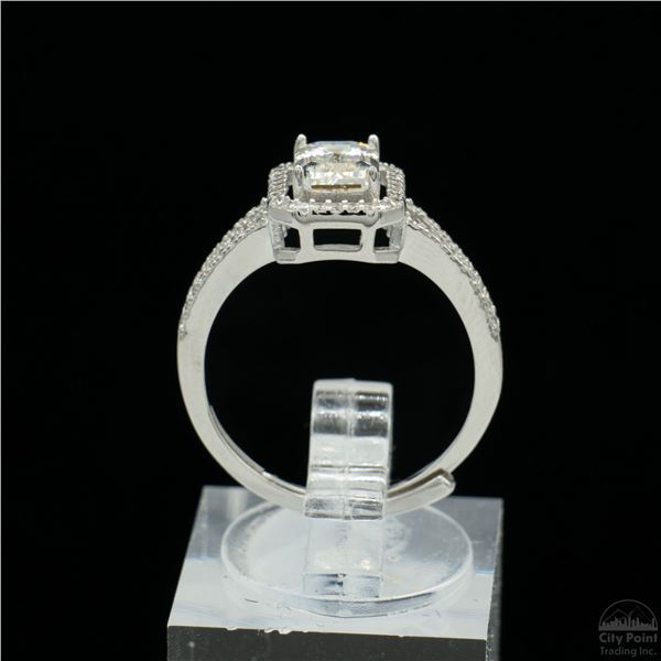 Adjustable/Resizable Sterling Silver Ring, 1.2 Carat Emerald Cut Moissanite, Platinum-Plated