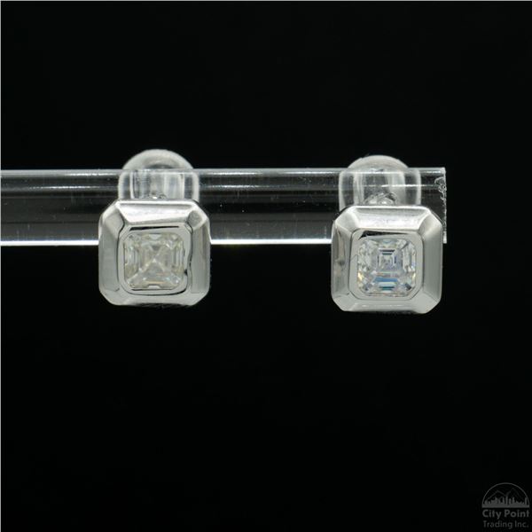 Earrings, 0.4 Carat Asscher Cut Moissanite, Platinum-Plated Sterling Silver