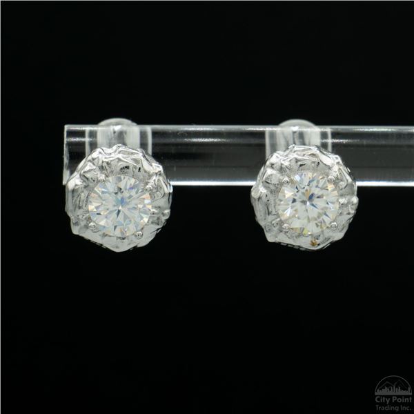Earrings, 0.8 Carat Round Cut Moissanite, Platinum-Plated Sterling Silver