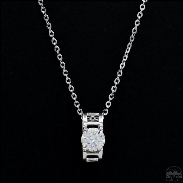 Necklace with Pendant, 0.5 Carat Round Cut Moissanite, Platinum-Plated Sterling Silver