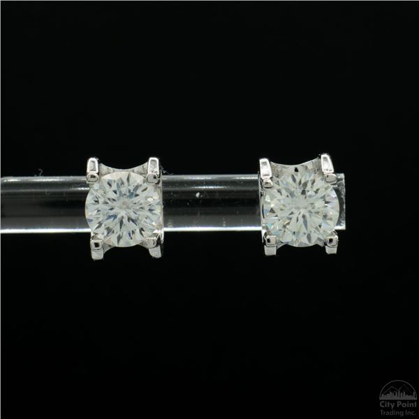Earrings, 1 Carat Round Cut Moissanite, Platinum-Plated Sterling Silver