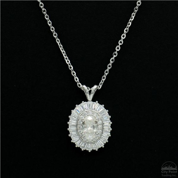 Necklace with Pendant, 0.5 Carat Oval Cut Moissanite, Platinum-Plated Sterling Silver