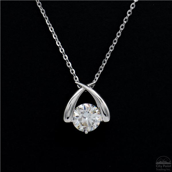 Necklace with Pendant, 1 Carat Round Cut Moissanite, Platinum-Plated Sterling Silver