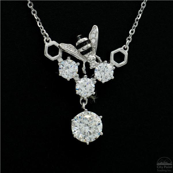 Necklace with Pendant, 0.8 Carat Round Cut Moissanite, Platinum-Plated Sterling Silver