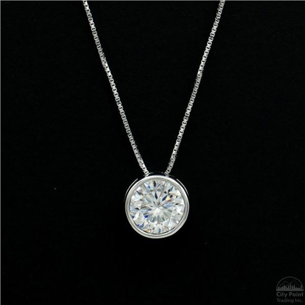 Necklace with Pendant, 2 Carat Round Cut Moissanite, Platinum-Plated Sterling Silver