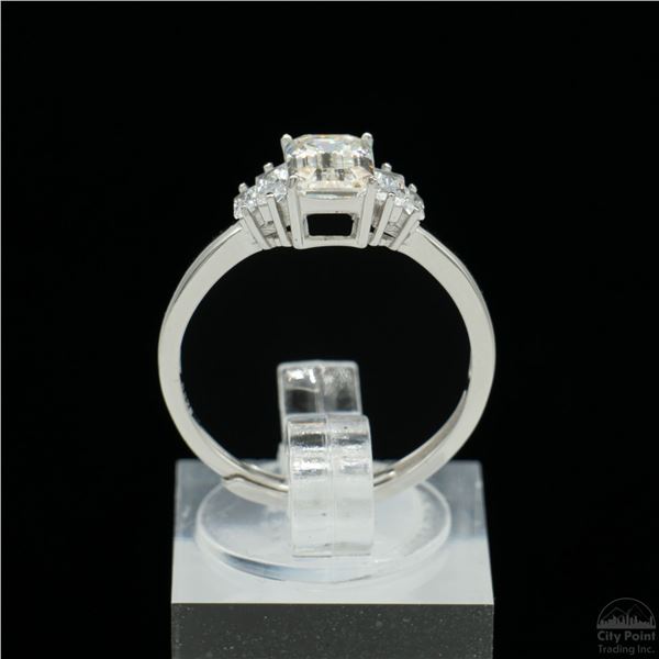 Adjustable/Resizable Sterling Silver Ring, 1.2 Carat Emerald Cut Moissanite, Platinum-Plated