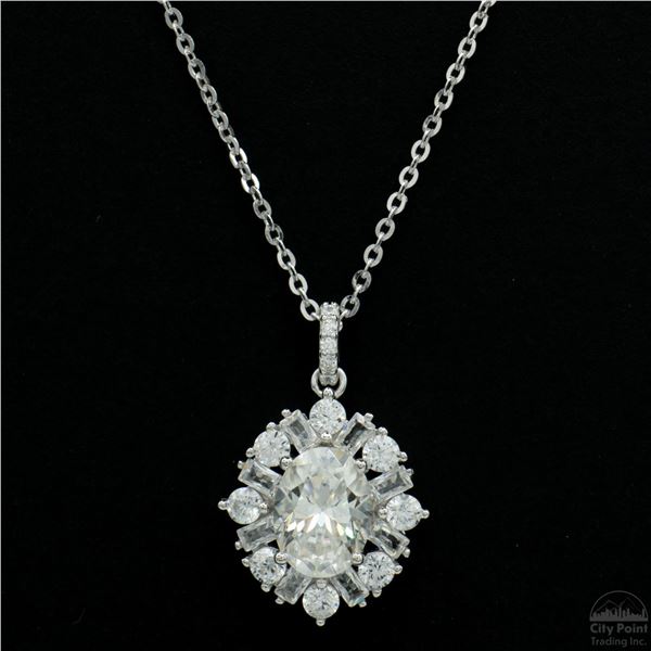 Necklace with Pendant, 1 Carat Oval Cut Moissanite, Platinum-Plated Sterling Silver