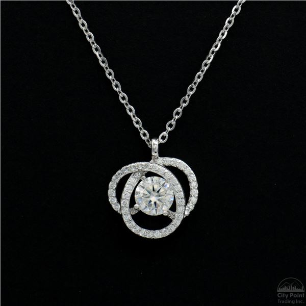 Necklace with Pendant, 0.5 Carat Round Cut Moissanite, Platinum-Plated Sterling Silver