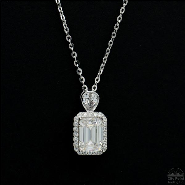 Necklace with Pendant, 1.2 Carat Emerald Cut Moissanite, Platinum-Plated Sterling Silver