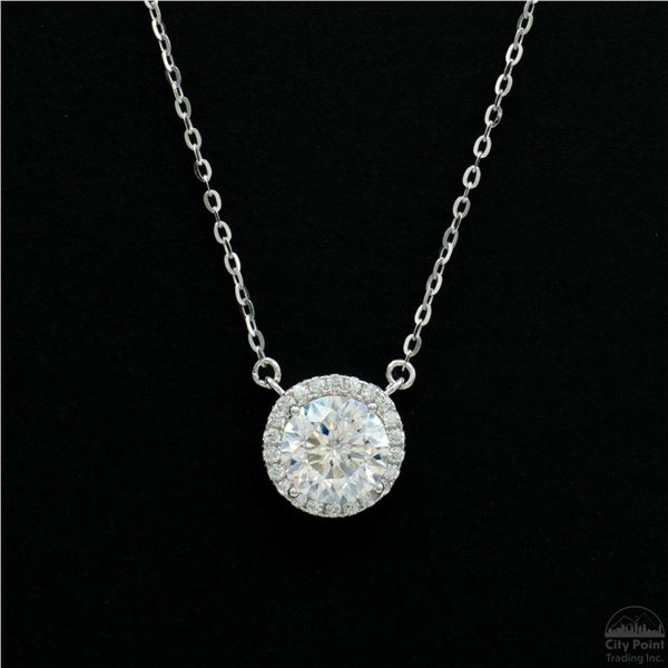 Necklace with Pendant, 1.2 Carat Round Cut Moissanite, Platinum-Plated Sterling Silver