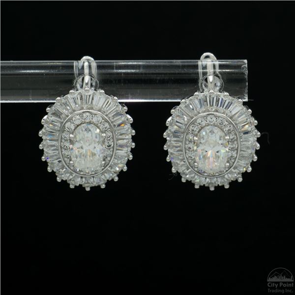 Earrings, 0.5 Carat Oval Cut Moissanite with Side Baguettes, Platinum-Plated Sterling Silver