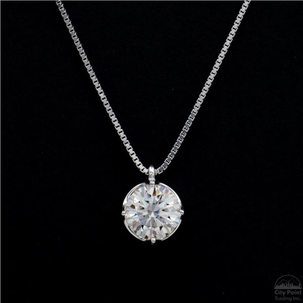 Necklace with Pendant, 1 Carat Round Cut Moissanite, Platinum-Plated Sterling Silver