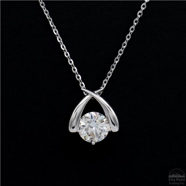 Necklace with Pendant, 1 Carat Round Cut Moissanite, Platinum-Plated Sterling Silver