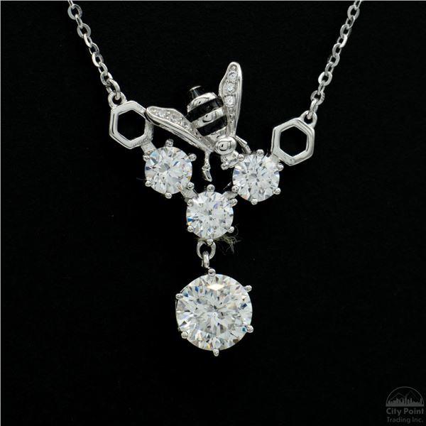 Necklace with Pendant, 0.8 Carat Round Cut Moissanite, Platinum-Plated Sterling Silver