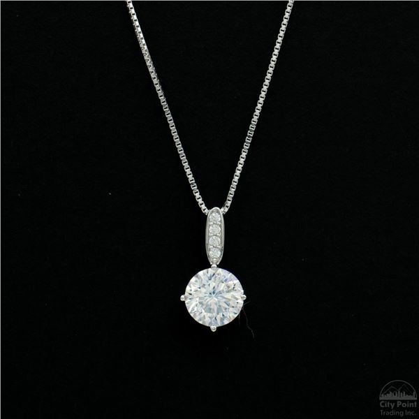 Necklace with Pendant, 1 Carat Round Cut Moissanite, Platinum-Plated Sterling Silver