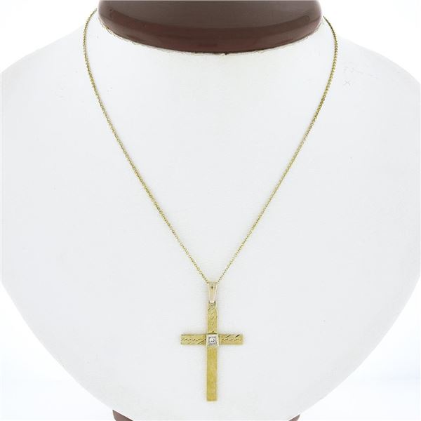 Vintage 14K Yellow Gold Pave Diamond Hand Engraved Square Cross Pendant w/ Chain
