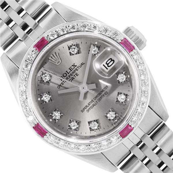 Rolex Ladies Stainless Steel Slate Gray Diamond And Ruby Date Wristwatch 26MM