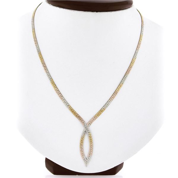 14k Tri Color Gold Reversible Flat Textured Snake Link Chevron V Chain Necklace