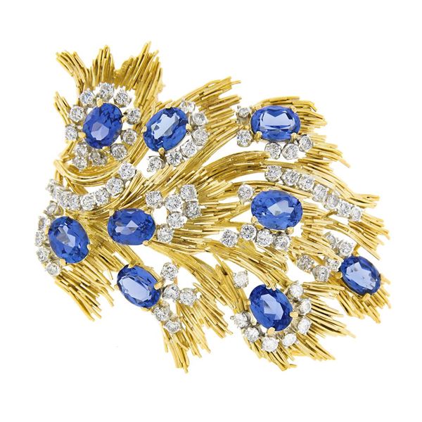 Jack Gutschneider Handmade 18k Gold 16.5 ctw Tanzanite Diamond Large Flame Brooc