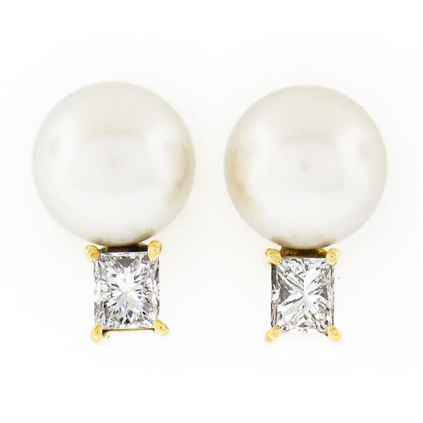 14k Yellow Gold 7.9mm FINE Pearl w/ 0.54 ctw Princess Diamond Drop Stud Earrings