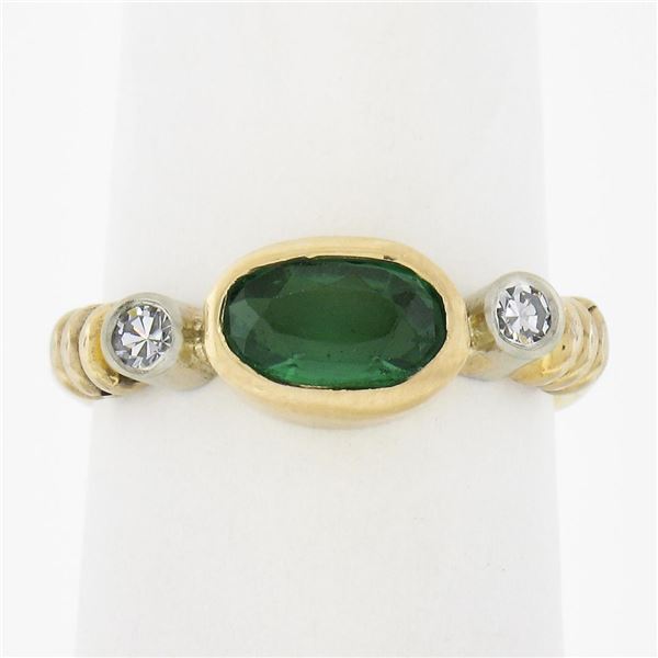 18K Yellow Gold Elongated Oval Green Tourmaline Solitaire & Diamond Band Ring