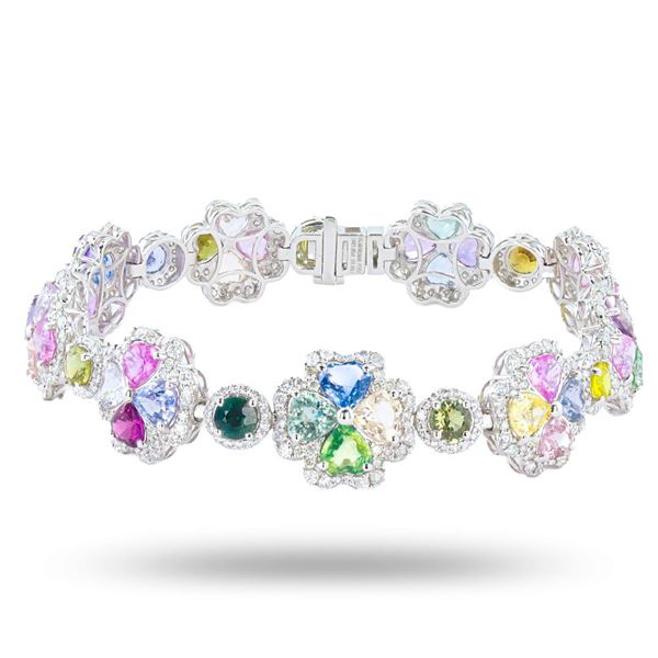 21.05 ctw UNHEATED MultiColor Sapphire and 3.49 ctw Diamond Platinum Bracelet (G