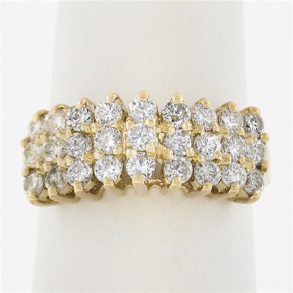 Solid 14K Yellow Gold 1.25 ctw Round Brilliant Cut Diamond Pyramid 3 Row Band Ri