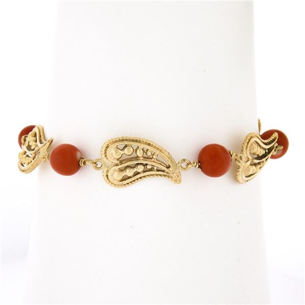 Vintage 14k Yellow Gold Beaded Open Work Leaf Link 6.5 Bracelet w/ Coral Beads